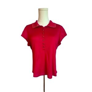 ST. JOHN VTG Red Studded Collar Button Front Polo Shirt 100% Cotton Women's L